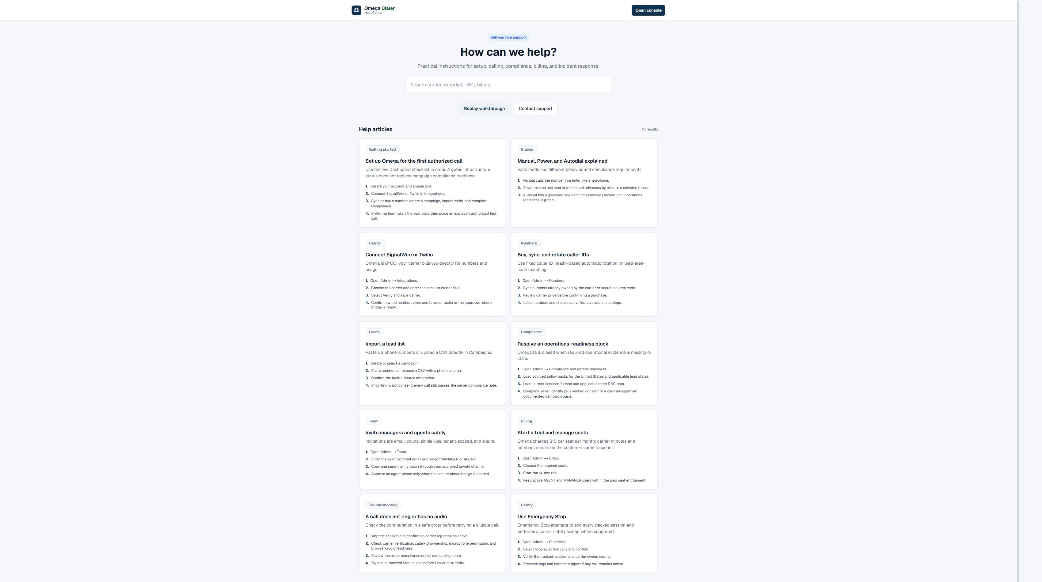 Actual Omega Help Center with searchable setup, dialing, carrier, compliance, team, billing, troubleshooting, and safety guides.